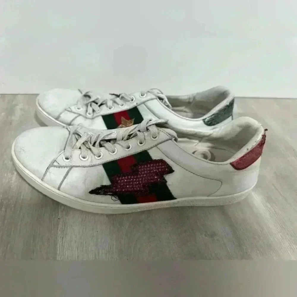 Gucci White Leather And‎ Crystal Embellished Lightning Bolt Ace Low Top Sneakers